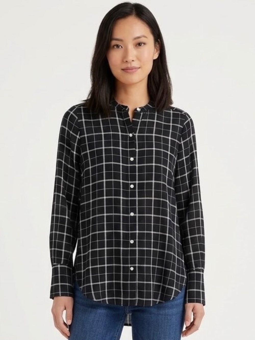 GAP Black White Windowpane Grid Plaid Band Collar Button Down Relaxed Shirt